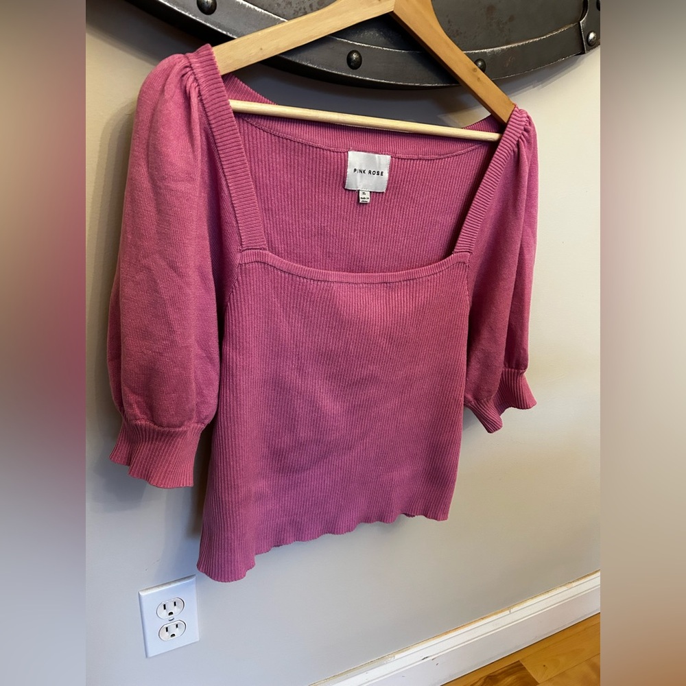 Pink Rose “Orchid Flower” Puff Sleeve Square Neck Sweater Women’s XL